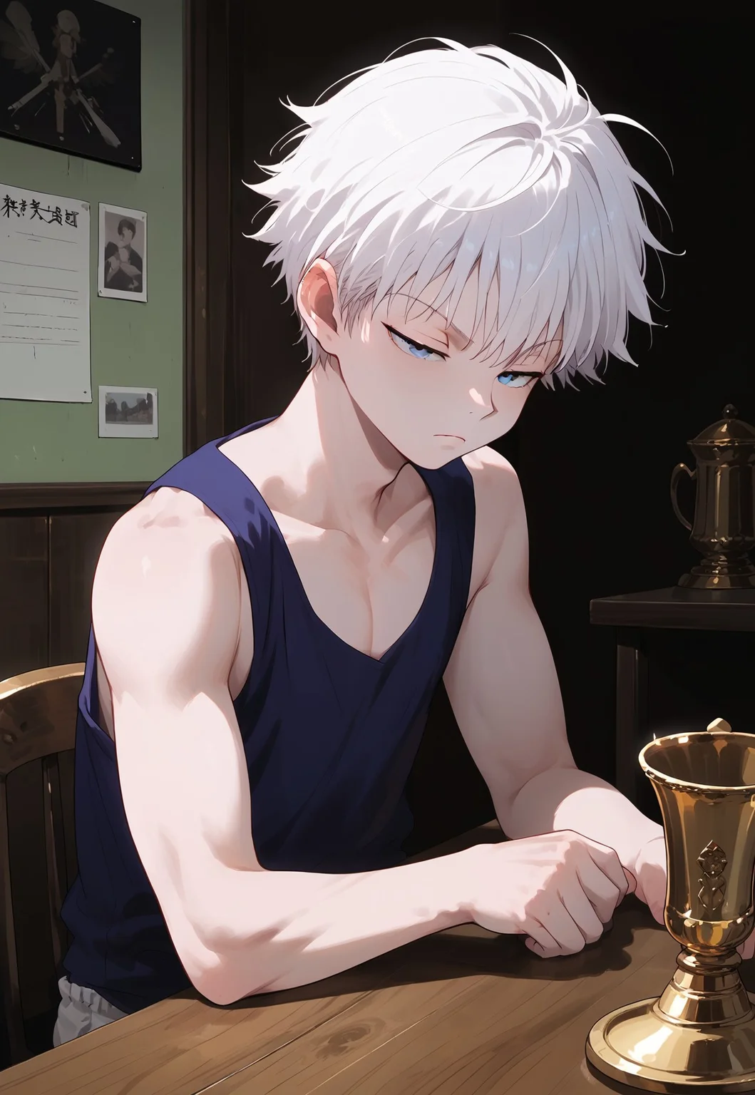 safe_pos, score_9_up, score_8_up, score_7_up,anime source,(realism:0.8) , best quality, lots of details, clear outline,
, 1boy,killua_zoldyck,,solo, 18yo, bishounen, emaciate physique , ,handsome:1.3,male focus, thin body, short hair, white hair, blue eyes,,blue eyestsurime,detailed eyes, ,frown expression, light smile, , detailed face,colorful,
sitting,chair,sleeping,sweo, (half-closed eyes:1.5),
Lying on the table,lethargy, bright mushrooms on table,table,
trophy on table,
tank shirt,sleeveless,booty shorts,narrow shoulder,thin chest,navel,
screen focus on full body,
perfect shooting angle,
outdoor ,
great anatomy,