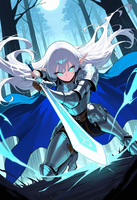 score_9, score_8_up, score_7_up, breathtaking, masterpiece, best quality, newest, absurdres, highres, embedding:lazypos, 1girl, solo, elf, long silver hair, glowing blue eyes, intricate silver armor, enchanted sword, battle-ready stance, flowing blue cape, delicate elven features, ornate pauldrons, magical runes, moonlit forest, mystical aura, soft ethereal glow, fantasy setting, detailed background, depth of field, dynamic pose, dramatic composition, foreshortening, detailed background, dynamic pose, dynamic composition,dutch angle, detailed backgroud,foreshortening,blurry edges, by saniiwan, by abbey and bear