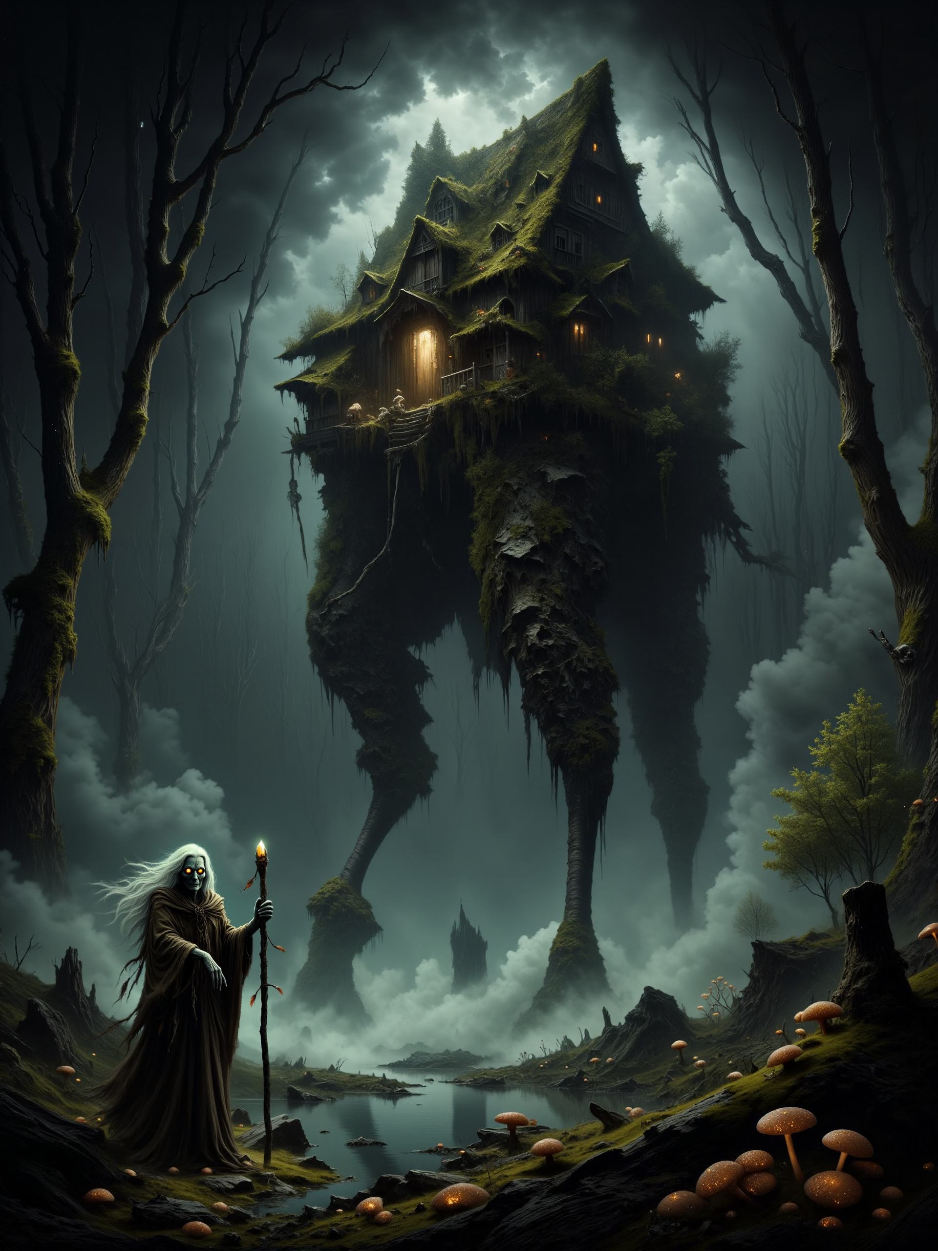 highly detailed dark fantasy-style painting of baba yaga, the witch, in front of her iconic hut on chicken legs, inspired by j.m.w. turner's shade and darkness - the evening of the deluge, eerie and foreboding atmosphere, romanticism, impressionism, surrealism, crepuscular rays, a mist-shrouded ancient primeval forest with otherworldly vegetation, thick with twisted, gnarled trees that loom menacingly over a swamp, tendrils of fog snake along the ground, dense underbrush cloaked in shadows, the landscape is wild, overgrown, and untamed, poisonous creeping vines and roots sprawled in every direction, and amidst the mist stands baba yagaâs infamous hut perched on gigantic, grotesque chicken legs, the hut appears crooked and unstable, yet it towers above the swamp, its twisted wooden structure covered in decaying moss and old, weathered runes, skulls and ominous talismans hanging from the roofâs edge, the foreground is filled with gnarled roots, glowing mushrooms, bioluminescent poisonous-looking swamp flowers, mossy rocks, and decaying leaves, in the background, ancient primeval trees stretch upwards into the mist, their branches clawing at the sky, the oppressive fog wraps everything in a suffocating grip, with baba yagaâs hut standing out in stark contrast, glowing faintly from within, baba yaga stands in the foreground, an old hag, her silhouette hunched, her long grey hair blowing wildly in the night breeze, she is cloaked in tattered robes of dark, earthy tones, her bony hands clutching a twisted wooden staff decorated with bone charms and feathers, her piercing eyes glow with a malevolent light as she gazes at the viewer, her expression twisted with a knowing, sinister grin of dark amusement, her hutâs massive chicken-like legs are mid-step, bent as it moves through the swamp, surrounded by swirling mist, the wooden structure ancient and weathered, the door slightly ajar as though beckoning to anyone foolish enough to approach, low-angle wide shot, the viewer looks up at baba yagaâs imposing figure and the towering hut, emphasizing their size and power, the hut looms ominously in the background while baba yaga stands near the foreground, her hutâs massive legs stepping through the swamp, casting ripples in the murky water below, the low angle creates a sense of looming danger and an overwhelming presence, the scene is dimly lit by the soft glow of the moon, with dappled moonlight filtering through clouds, faint beams of moonlight create dappled shadows across the swamp, the hut itself glows faintly from within, with eerie green and yellow light casting ominous reflections on the murky swamp waters, subtle backlighting from the moon gives baba yagaâs figure an ethereal yet malevolent outline, faint glowing sparks of magic trail from baba yagaâs staff, swirling with the mist, enhancing the dark, mystical feel, dark fantasy aesthetic with surreal elements, emphasizing mood and atmosphere, textures of decaying wood, damp earth, and creeping mist are prominent, creating a vivid sense of place and foreboding, fredfraistyle, <lora:knight_and_warrior-fred_fraiche-flux-by_ldworksdervlex:0.64> <lora:epic_gorgeous_details-balance-flux-by_flyway:0.44> <lora:image_enhancer-flux-by_dever:1.0>