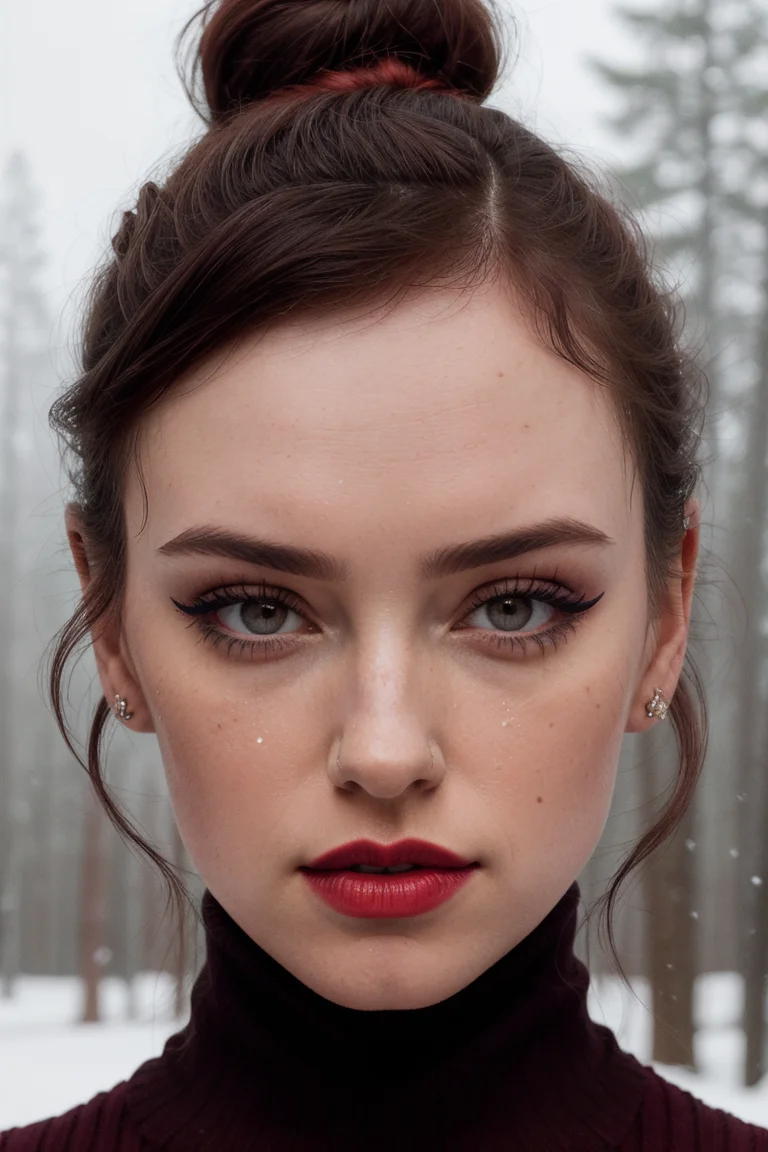 dr-306,  a photo of a woman, ((detailed eyes, detailed face, masterpiece, high resolution, best quality):1.2), ((red lipstick, eye shadow, eyeliner, blush)), (turtleneck sweater, outdoors, forest, snow, hair up, hair in bun, dark red hair)