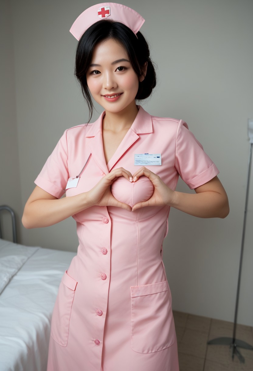 score_9, score_8_up, score_7_up, BREAK, masterpiece, best quality,4k, full body shot,1girl, (heart-shaped hand, heart boob, hands on boob, hand, fingers:1.4), smiling beautiful Japanese female nurse wearing pink nurse uniform, slim hourglass, medium breasts, beautiful detailed face, black hair, pale skin, fair skin, realistic skin, detailed cloth texture, detailed hair texture, Perfect proportion, accurate, Anatomically correct, Highly detailed face and skin texture, private modern hospital room, photorealistic, looking at viewer, asian face