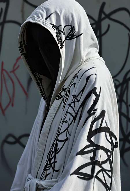 somber, ghostly figure in robe covered with wildstyle graffiti on sanskrit, long beak, close up, Viviane Sassen, <lora:add-detail-xl:1>, <lora:DD-Drawing-XL:1>