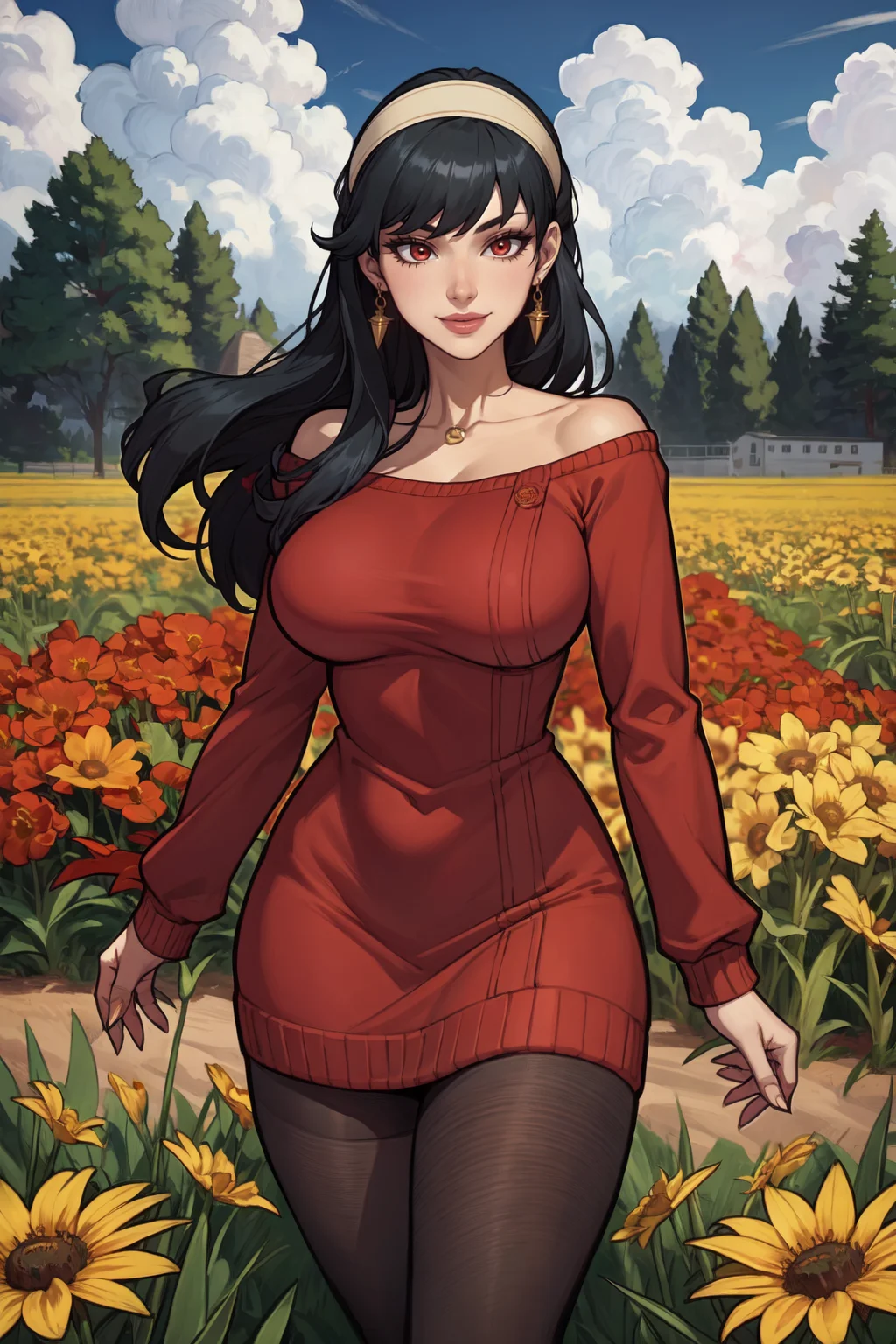 1girl, (solo:1.2), curvy, (masterpiece:1.2), (best quality:1.2), (perfect anatomy:1.4), (standing proud:1.4), (confident:1.2), smile
<lora:Asura [MockAI - v1.0]:0.8> asura, (film grain:1.2), (highly detailed shading:1.2), shiny skin, (large breasts:1.2), (cowboy shot:1.2) <lora:Yor Briar [h_madoka - v1.0]:0.8> bbyorf, long hair, white hairband, red eyes, gold earrings, large breasts, jewelry, off shoulder, red sweater, sweater dress, long sleeves, black pantyhose, (field of flowers scenery:1.4), midday, outside, lavish nature