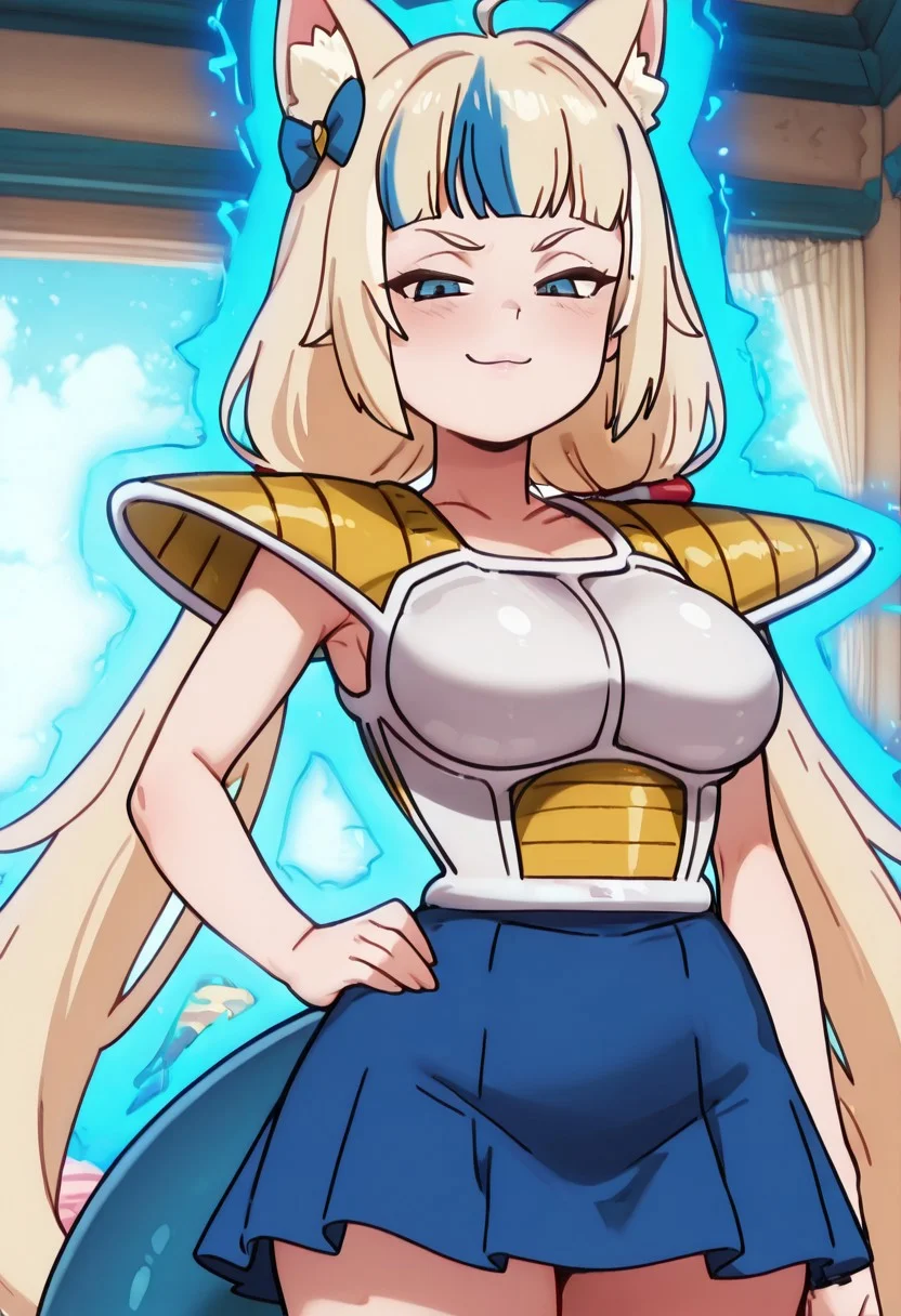 masterpiece, best quality, amazing quality, anime screenshot,
zzSaba, blue eyes, ahoge, animal ears, blonde hair, blue hair, multicolored hair, streaked hair, long hair, low twintails, hair bow, large breasts, wide hips, aged up, hand on hip, smug, shark tail, looking at viewer, blue skirt,
white saiyan armor, shoulder pads,
blue aura, electricity,