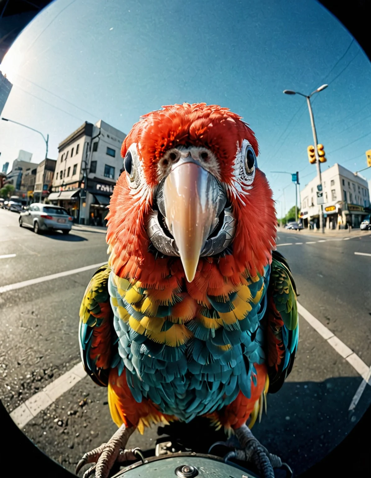 photograph parrot, selfie, funny animal takes selfie, fish eye view, looks directly in cam,funny pose, funny, weird, head slightly tilted, sitting on traffic light, 50mm . cinematic 4k epic detailed 4k epic detailed photograph shot on kodak detailed cinematic hbo dark moody, 35mm photo, grainy, vignette, vintage, Kodachrome, Lomography, stained, highly detailed, found footage, Hyper-realistic, 16k resolution, intricate details, (masterpiece, award winning artwork), many details, extreme detailed, full of details, Wide range of colors, high Dynamic, <lora:ral-drp:0.35> ral-drp, <lora:casting shadow style v2:1> casting shadow style, cucoloris patterned illumination, parrot, selfie, funny animal takes selfie, fish eye view, looks directly in cam,funny pose, funny, weird, head slightly tilted, sitting on traffic light, highly detailed, extremely complex, intricate, elegant, cinematic, dramatic composition, surreal colors, inspired, very beautiful, enhanced quality, real color, artistic, mystical, sharp focus, perfect illumination