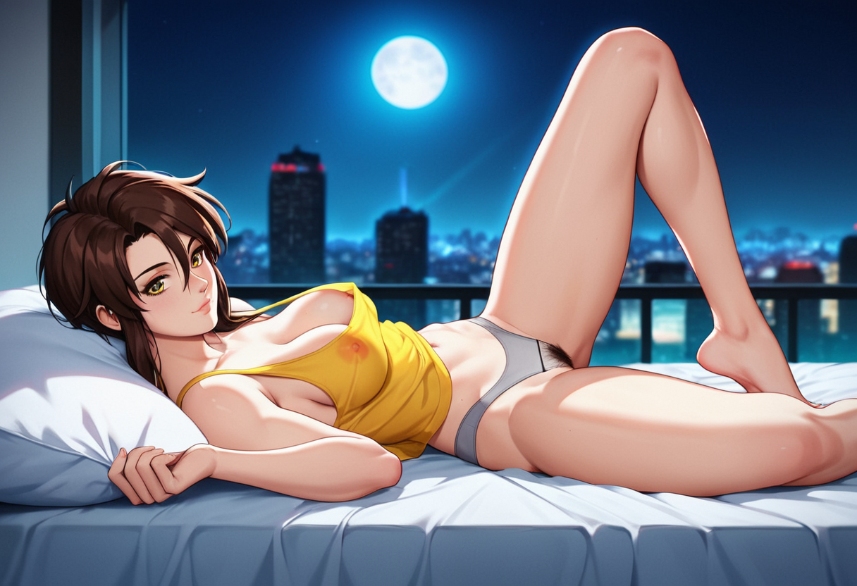 score_9, score_8_up, score_7_up, score_6_up, rating_explicit, contrast of cool dark background with warm bright foreground, full color, night, city light, volumetric moonlight, depth of field
neo-tokyo Aesthetic, modern bedroom Aesthetic, Blurry Background, cyber city view, stary night, full moon, light rays, beautiful natural lighting, glow, light,
<lora:Priss Asagiri _ Bubblegum Crisis Tokyo 2040_epoch_10:1>, Priss, retro artstyle, oversize yellow tank top, open shirt, grey underwear,
{petite body, athletic body, medium breasts, perfect round firm tits, medium round perfect tits, (medium Breasts:0.8), long legs, perfect anatomy, perfect face, perfect nose, detailed eyes, beautiful eyes, perfect eyes, perfect breasts, anatomically correct hands:1.3},
cute, side view, from side,
lying in bed, posing, nipple slip, exposed breast, 1breast out of shirt, see through panties, (pubic hair:1.3), white pillows, white sheets, Tokyo cityscape, city lights, nsfw