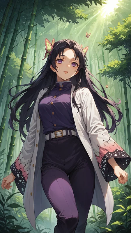 score_9,score_8_up,score_7_up,score_6_up, source_anime, zPDXL3, <lora:xl_more_art-full_v1:0.5>, girl, dynamic pose, leaning back, <lora:Kanae Kocho - Pony-000004:0.8>, long hair, black hair, purple eyes, butterfly hair ornament, hair ornament, parted bangs, long bangs, purple shirt, white coat, butterfly print, purple pants, wide sleeves, white belt, bamboo forest, nature, light rays,