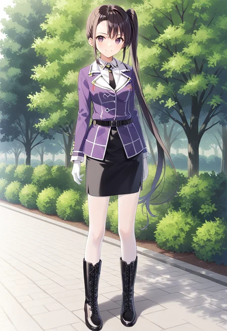 1girl, solo, park, full body, standing, <lora:KC_03HC_nachi_pony:1> nachikc, black_hair, side ponytail, very long hair, brown eyes, tsurime, nachikaikc, purple_jacket, white collar, white gloves, black belt, black skirt, pencil skirt, white pantyhose, boots, score_9,score_8_up, score_7_up, source_anime, masterpiece, best quality, official art, official style, game cg, megami magazine, rating_safe, rating_questionable, <lora:Fixhands_anime_bdsqlsz_V1:0.75>, NEGATIVE_HANDS
