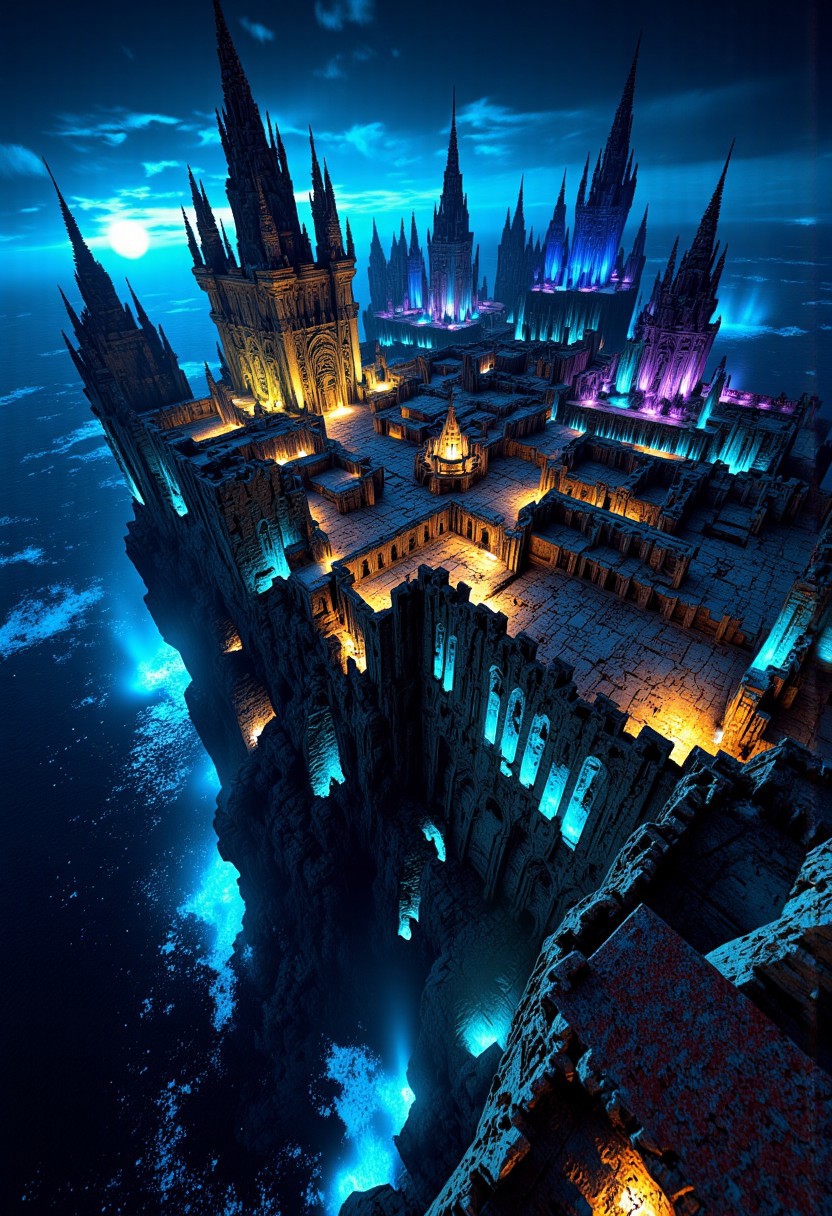 A vertiginous view of a crumbling medieval castle with many spires built o top of a cliff at the edge of an abyss, standing on edge of chasm, mythp0rt