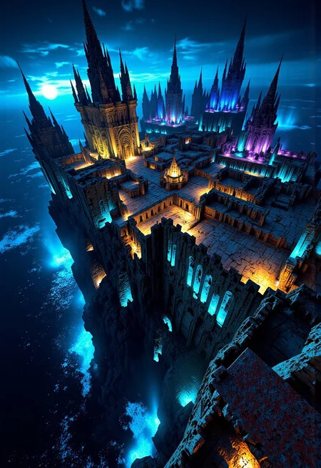 A vertiginous view of a crumbling medieval castle with many spires built o top of a cliff at the edge of an abyss, standing on edge of chasm, mythp0rt