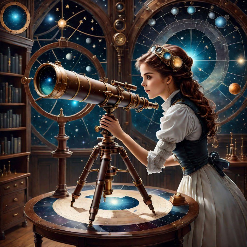 A steampunk-style telescope stands on a table in the laboratory,beautiful cute girl looking through a telescope, star map,