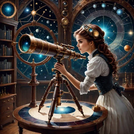 A steampunk-style telescope stands on a table in the laboratory,beautiful cute girl looking through a telescope, star map,