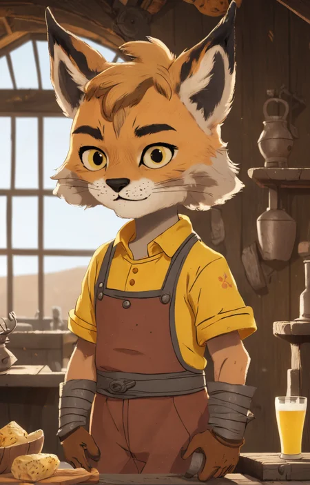 extreme face close-up of a cute lynx kid character portrait, (fallout theme:1.1) barkeep, simple yellow clothes, apron, cozy rustic pub interior in background, rust, wall-decorations, hearth, goblet, plates, fantasy atmosphere, <lora:COOLKIDS_XL_0.3_RC:0.7>
