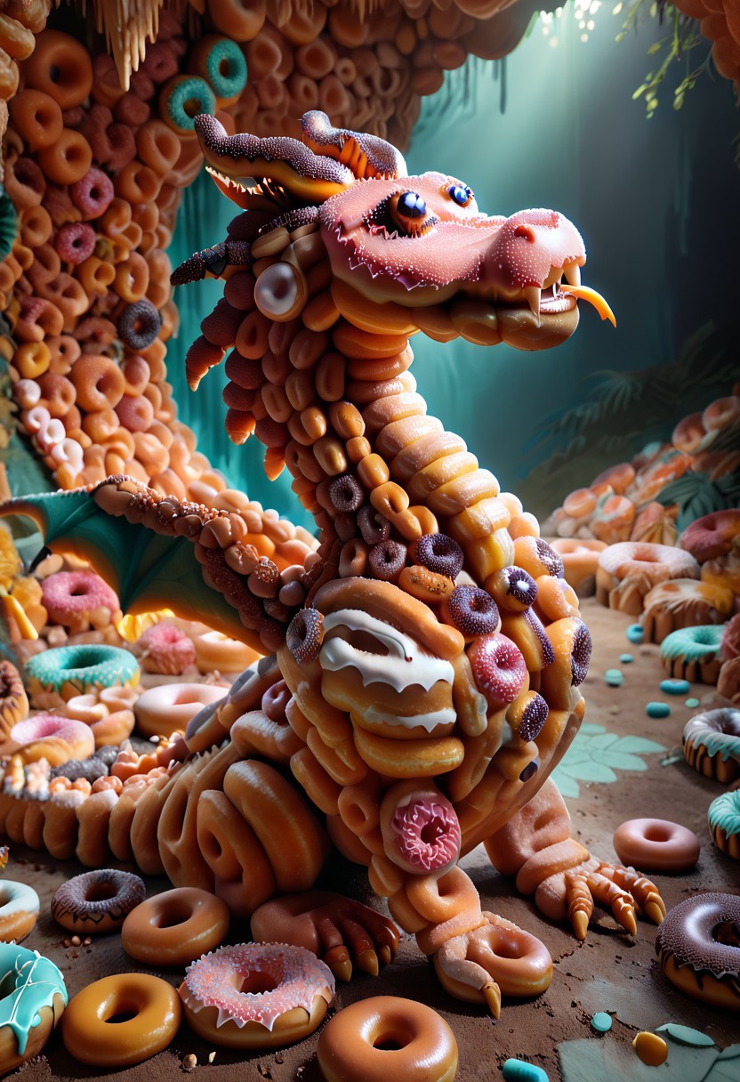 d0nu71f13d, DonutMention, a dragon made of donuts, in a cave covered in donuts, sprinkle, detail, complimentary colors, score_9, score_8, vivid