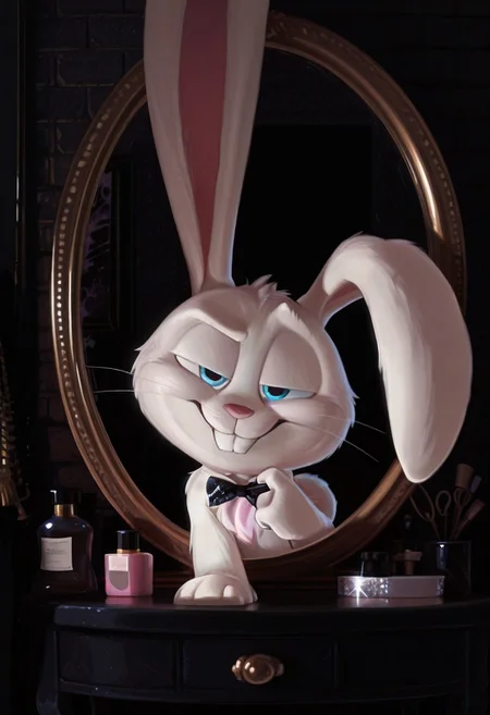 masterpiece, amazing quality, absurdres, ultra-detailed, detailed fluffy fur, no humans, furry male, solo, short, alec_azam, 1boy, white fur, blue eyes, whiskers, buck teeth, grin, teeth, rabbit tail, long ears, (droopy ears:1.1), unaligned ears, smug, half-closed eyes, eyelids, big black bowtie, sequined bowtie, glitter bowtie, detached collar, adjusting bowtie, hands up, head tilt, fluffy, body fur, fewer digits, 4 fingers, looking at viewer, big head, upper body, leaning forward, raised eyebrow, 
BREAK
looking at mirror, indoors, dressing room, vanity table, v4n1ty, hollywood mirror, mirror lights, bottles, (cosmetics:0.8), dark room, brick wall, light particles, detailed shading, WaiIL25PosC