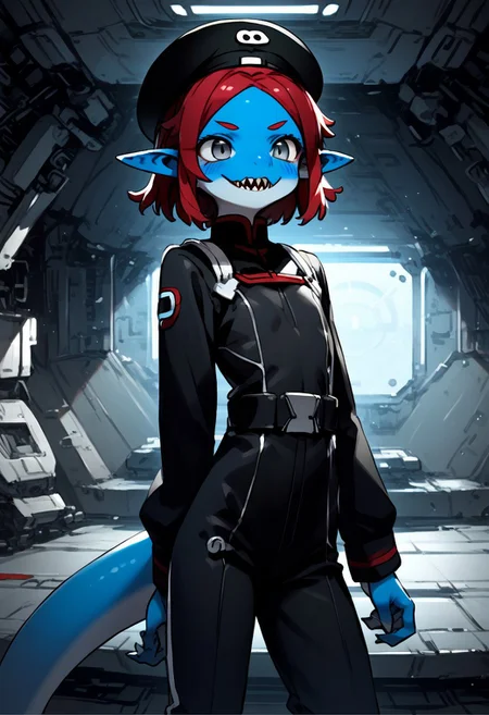 Expressiveh, source: kemono, negative_hand, score_9, score_8_up, score_7_up, (kemono female lizard), 1girl, solo, lizard_female, gray eyes, small ears, pointy ears, long tail, two toned skin, blue skin, white facial skin, red hair, parted bangs, flat chest, black uniform, black beret, black pants, sharp teeth, grinning, futuristic background, bedroom, standing, standing at attention, 
close up, 3/4 view,