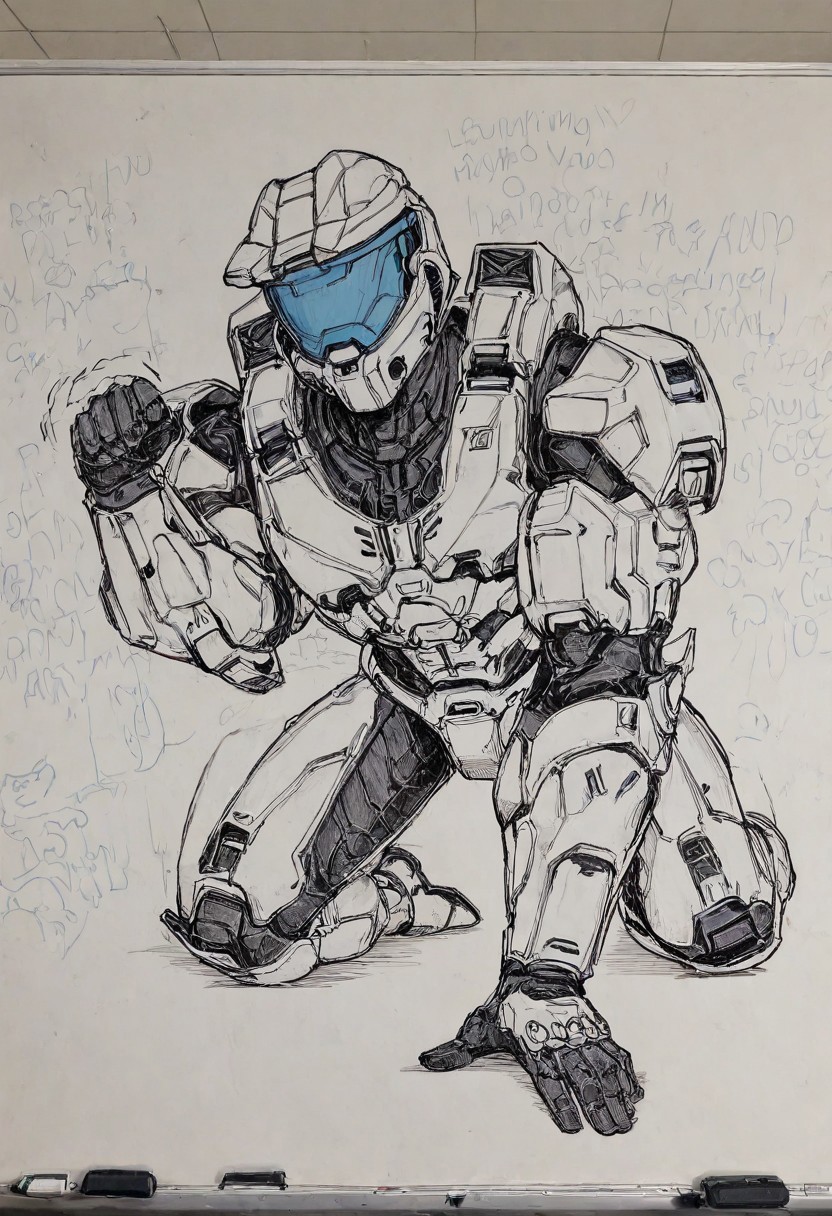 masterpiece, best quality, amazing quality, very aesthetic, absurdres, newest, detailed background, white3oard, whiteboard background, (marker_\(medium\), hand drawn, linear hatching:1.2), traditional media
BREAK
5partan, 1boy, solo, muscular, white armor, power armor, blue visor, white helmet, on all fours, paw pose