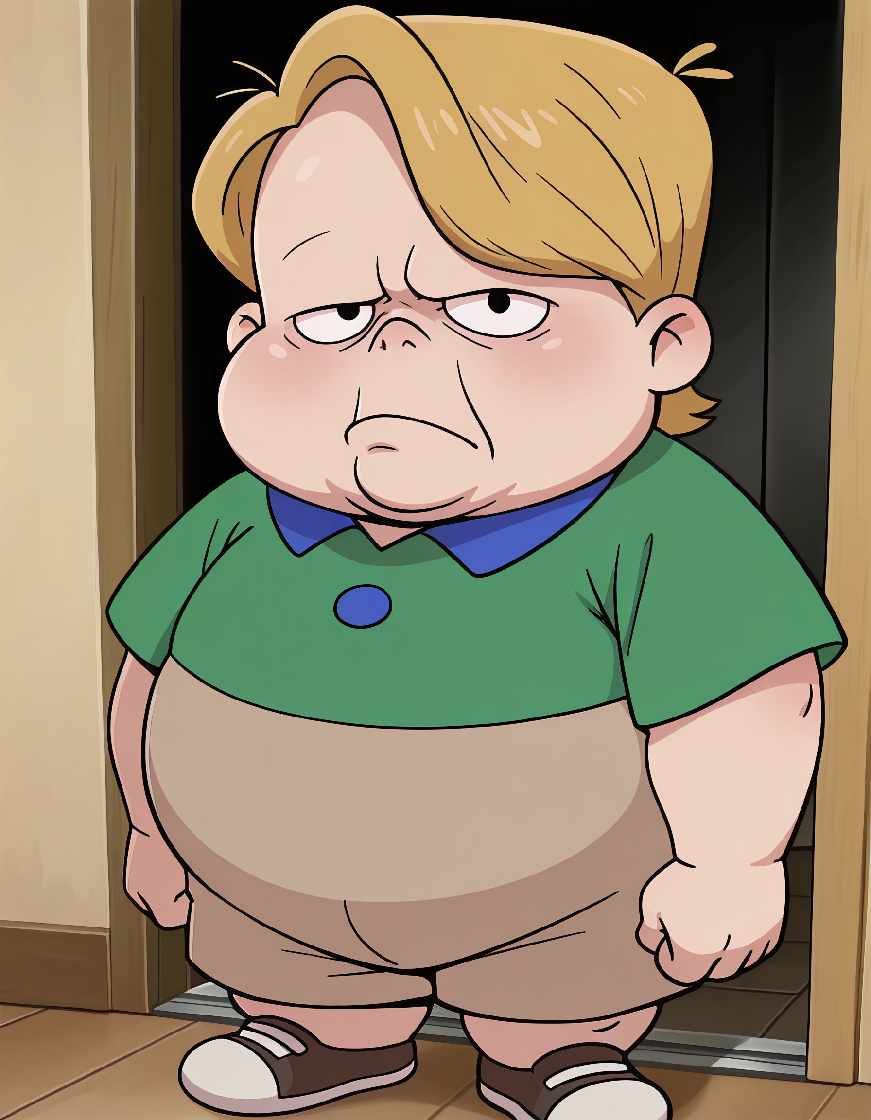 Masterpiece, dynamic, expressive, best quality, amazing quality, detailed, detailed background, detailed shading, solo, louie-lwl, 1boy, male, black eyes, fat, plump, chubby, short, blonde hair, grumpy face, young, double chin, nostrils, chubby cheeks, green shirt, blue shirt collar, blue shirt button, tucked shirt, khaki shorts, shoes, standing, indoors, looking at viewer, eye contact, frown, dynamic
