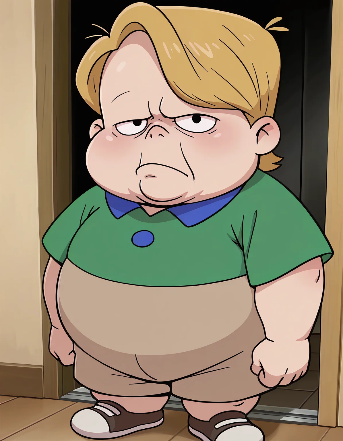 Masterpiece, dynamic, expressive, best quality, amazing quality, detailed, detailed background, detailed shading, solo, louie-lwl, 1boy, male, black eyes, fat, plump, chubby, short, blonde hair, grumpy face, young, double chin, nostrils, chubby cheeks, green shirt, blue shirt collar, blue shirt button, tucked shirt, khaki shorts, shoes, standing, indoors, looking at viewer, eye contact, frown, dynamic
