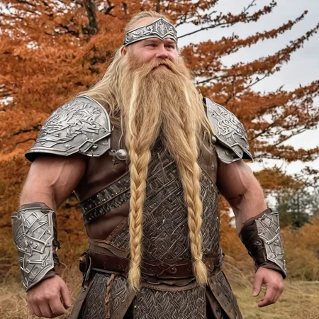 8k expansive photo of big viking man with a huge braided beard , full body, side view, long blond hair, musclebound, bara, rugged masculine face, grim, dark age armor ,solo, hyperrealistic, northern, dappled sunlight, cloudy autumn weather, god rays, detailed background, <lora:Big_Braided_Beards:1>