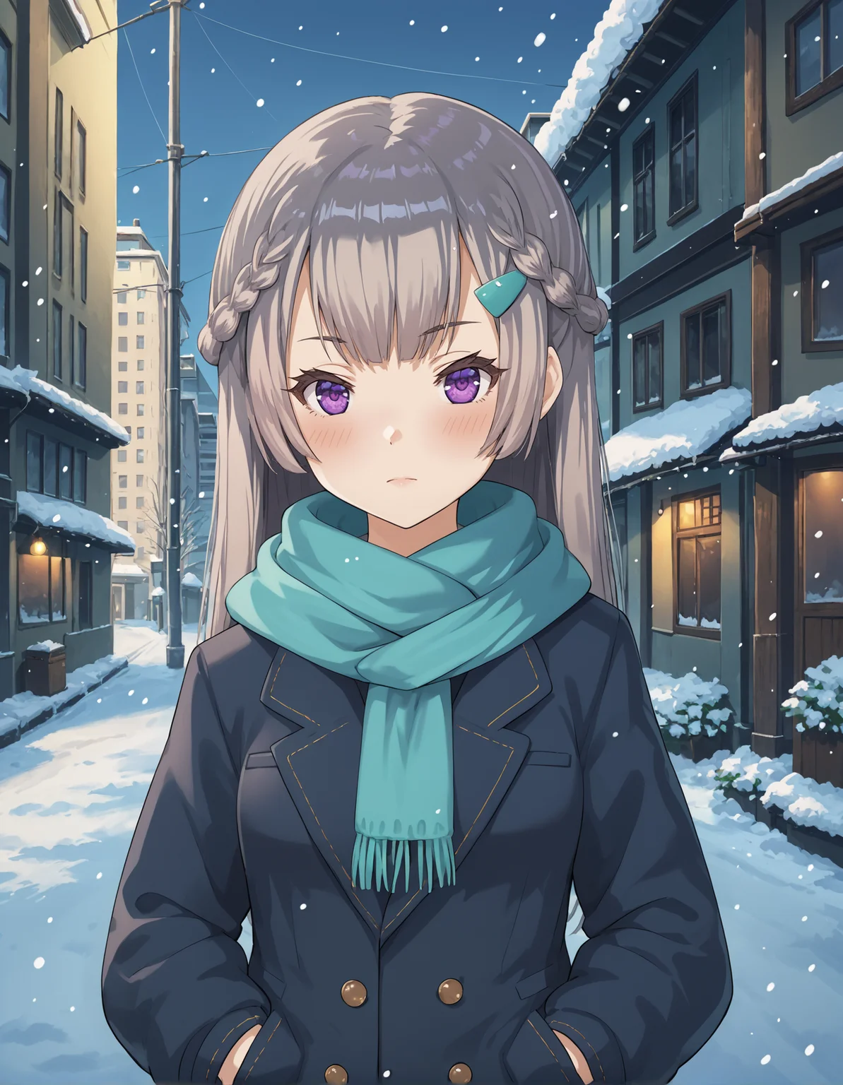 score_9, score_8_up, source_anime, 1girl, upper body, medium shot, detailed, mgrcshizumikonoha, grey hair, long hair, half up braid, purple eyes, aqua hairpin, blue winter coat, scarf, hands in pockets, blush, outdoors, city, street, evening, winter, snow, snowfall, (side view:0.7), <lora:mgrcshizumikonoha_XL:0.9>
