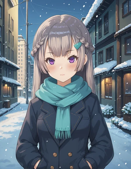 score_9, score_8_up, source_anime, 1girl, upper body, medium shot, detailed, mgrcshizumikonoha, grey hair, long hair, half up braid, purple eyes, aqua hairpin, blue winter coat, scarf, hands in pockets, blush, outdoors, city, street, evening, winter, snow, snowfall, (side view:0.7), <lora:mgrcshizumikonoha_XL:0.9>