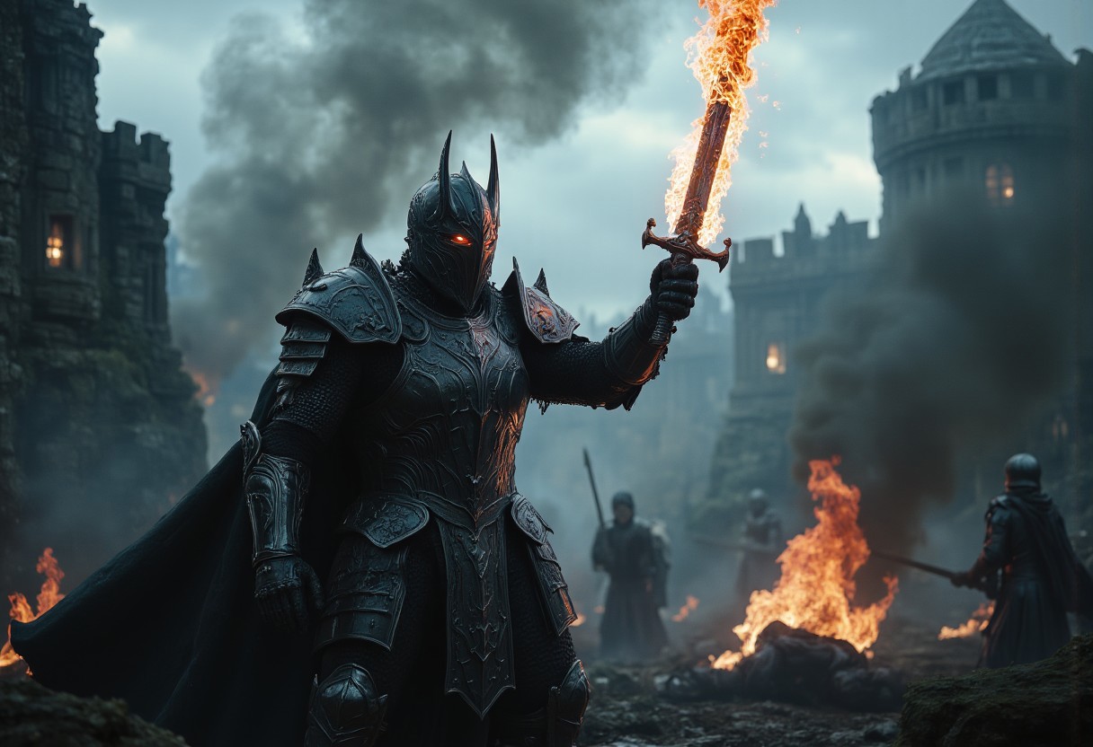 (movie:1.3) (photo:1.4).(ebberon  warforged, sentient suit of armor, A knight, wreathed in tenebrous plate armor with glowing fiery orange-red through the armor's seams as do his eyes, raises a formidable broadsword amidst a melee. the sword glows with intense heat. He is surrounded by other knights, their figures rendered less imposing implying his dominance. The scene is rendered with a muted palette of grays and blacks, contrasted by the knight's smoldering sword. Utilize a low camera angle, emphasizing the knight's imposing stature and the weight of the impending conflict. Enhance the background with the  forms of fallen warriors, adding a layer of palpable eeriness to the composition.).. cinematic movie-still style photo. gloomy atmosphere.. dark fantasy aesthetic in the style of game of thrones! The scene shows a huge open plane, a ruined keep, a huge open space, <lora:MidjourneyV6.1:1> (highly detailed:1) <lora:FLUX-Vintage_Abstract_Film:0.4> <lora:flux_train_replicate:0.4> <lora:ImageUpgraderV2:0.5>»