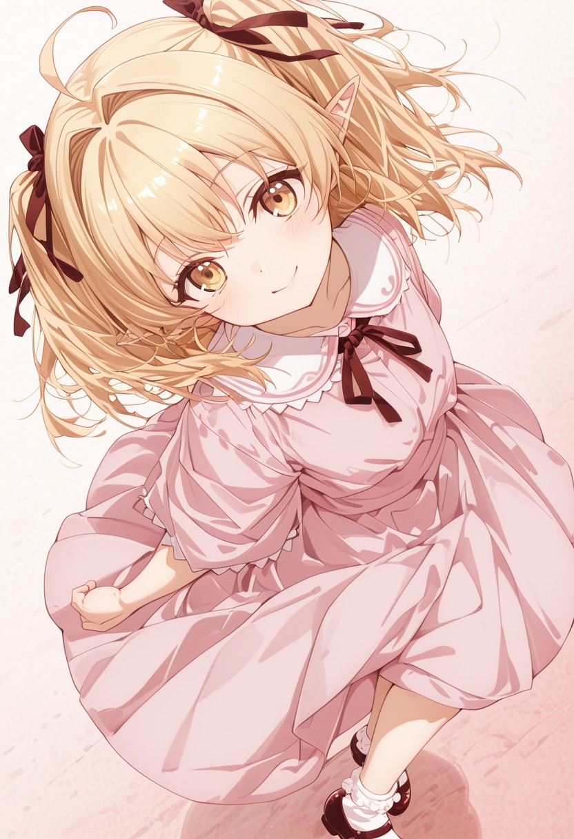 (masterpiece, best quality, newest, absurdres, highres),(anime coloring), soft colors, 1 girl solo, lily (yami healer), long hair, blonde hair, ahoge, short hair, twintails, two side up, hair intakes, hair ribbon, pointy ears, yellow eyes, pink dress, short sleeves, neck ribbon, bobby socks, mary janes, leaning behind, arms_behind_back, one leg raised, cute smile, blush, plain background, from side, dutch angle, looking at viewer, headtilt, twisted body, closeup, gradient background