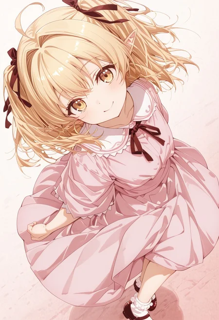(masterpiece, best quality, newest, absurdres, highres),(anime coloring), soft colors, 1 girl solo, lily (yami healer), long hair, blonde hair, ahoge, short hair, twintails, two side up, hair intakes, hair ribbon, pointy ears, yellow eyes, pink dress, short sleeves, neck ribbon, bobby socks, mary janes, leaning behind, arms_behind_back, one leg raised, cute smile, blush, plain background, from side, dutch angle, looking at viewer, headtilt, twisted body, closeup, gradient background