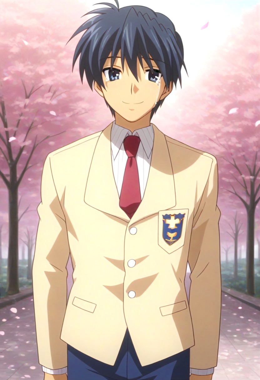 ((masterpiece)), ((best quality)), ((ultra-detailed)), ((absurdres)), score_9_up, score_8_up, score_7_up,
HD, top quality, best quality, amazing quality, High-quality illustrations, anime screencap, source_anime, best aesthetic, perfect proportions, perfect eyes, 1boy, 1male, solo boy, solo male, male focus, solo male focus, Anime, boy, male anime character, anime boy, handsome, cute, charming, sexy, good-looking, Tomoya Okazaki, dark blue hair, dark blue eyes, Uniform1, yellow blazer, long sleeves, red necktie, blue pants, ((lean body, tall body)), ((cowboy shot, head to hips shot)), ((front view, front shot, facing front, view from the front)), ((outside, beautiful majestic scenery, sunrays, sakura petals, pink cherry blossom petals)), ((crying expression, tears flowing down, happy, smile, tears of joy))