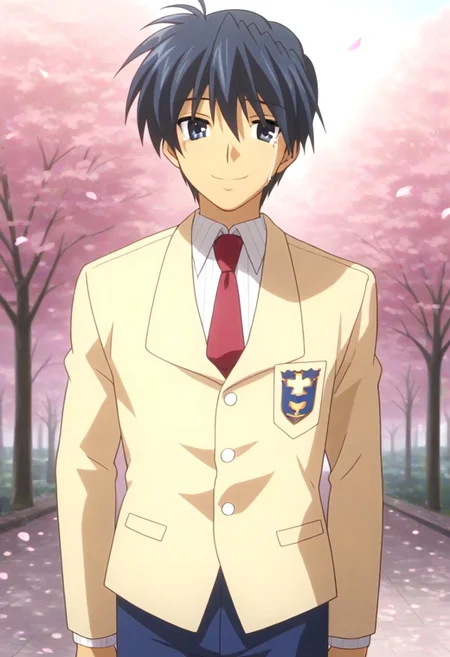 ((masterpiece)), ((best quality)), ((ultra-detailed)), ((absurdres)), score_9_up, score_8_up, score_7_up,
HD, top quality, best quality, amazing quality, High-quality illustrations, anime screencap, source_anime, best aesthetic, perfect proportions, perfect eyes, 1boy, 1male, solo boy, solo male, male focus, solo male focus, Anime, boy, male anime character, anime boy, handsome, cute, charming, sexy, good-looking, Tomoya Okazaki, dark blue hair, dark blue eyes, Uniform1, yellow blazer, long sleeves, red necktie, blue pants, ((lean body, tall body)), ((cowboy shot, head to hips shot)), ((front view, front shot, facing front, view from the front)), ((outside, beautiful majestic scenery, sunrays, sakura petals, pink cherry blossom petals)), ((crying expression, tears flowing down, happy, smile, tears of joy))