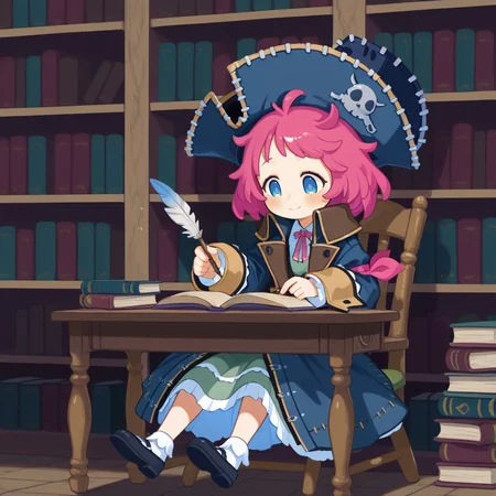 1girl,
looking down, closed mouth, smile, concentrating,
sitting, book on desk, holding quill, wooden chair,
bookshelf in background, sitting at a desk in a library,
<lora:Aprico:1> apricobrave, hat, blue eyes, pink hair, pirate hat, long sleeves, black footwear, dress, blush, shoes