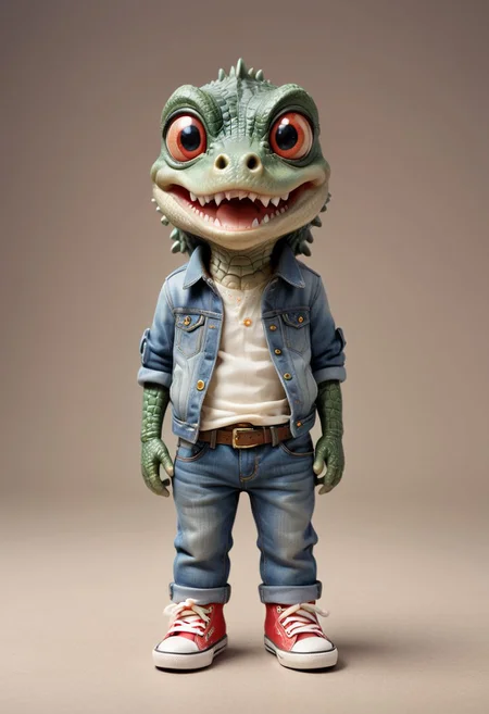 Cute little happy miniature chibi crocodile with big comically bright eyes, wearing jeans and converse shoes, hands in pockets