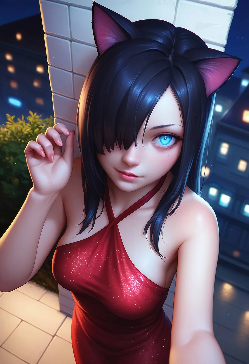 score_9, score_8_up, score_7_up, detailed, 1girl, lilykat, perfect hands, perfect fingers, teenage girl, solo, intricate details, chromatic aberration, realistic, petite body, short girl, medium chest size, long hair, black hair, cat ears, hair over one eye, blue eyes, sharp eyes, red sparkling dress, evening gown, halter dress, exposed sternum, shoulders, night, against building wall, street sidewalk, dim lighting, looking at viewer, cowboy shot, high angle