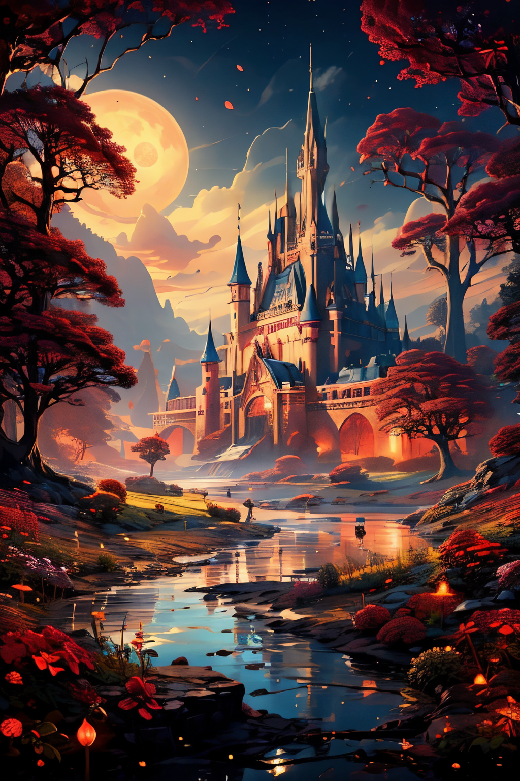 (Realistic:1.5), A glittering, mystical palace surrounded by a vast, shimmering lake., monster, red theme, standing, edobhorrorlandscape, red eyes, fireflies, solo, cloudy sky, blood, dark, no humans, red moon, night, tree stump, night, signature, garden, watermark, sunbeam, sunbeam, <lora:EdobHorrorLandscape_v1.0:0.6>  <lora:EdobFairyTaleLandscape_v1.0:0.6>