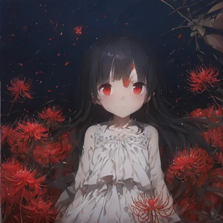 Score up 9, Score up 8, Score up 7,   hachiroku, outdoors, simple blank background, (huge flowers:1.2), flower surround, spider lily, summer, night, ambient light, looking at viewer, pure skirt, detailed face, upper body, wind, petals, death,pole color,red eyes, black hair,  <lora:8620_PonyXL_test_13-000060:1>