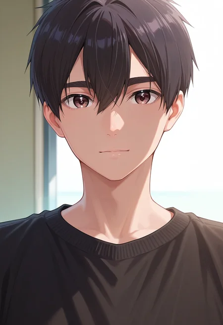 masterpiece, best quality, , semi-realistic, looking at viewer, 1boy, solo, male focus, <lora:rentarou_aijou_ilxl:0.98>, rentarou_aijou, black hair, brown eyes, short hair, hair between eyes, bangs, ,
