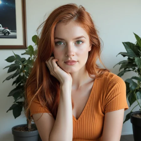 FiadhRose01,score_9,score_8_up,score_7_up,realistic,a fit red hair,green eyes,irish nationality,as an ((influencer)) with ((long hair)) wearing (espadrilles),dressed in orange dress,ribbed texture,short sleeves,side cut-outs,tie-up details,neutral walls,indoor setting,minimalistic decor,potted plant,sitting,hand in hair,facing camera,portrait orientation,eye-level shot,close-up,frontal perspective,inside a high-tech orbital space station,studio lighting with strong rim light,Split-Complementary color palette,Double Complementary (Tetradic) color palette   ,