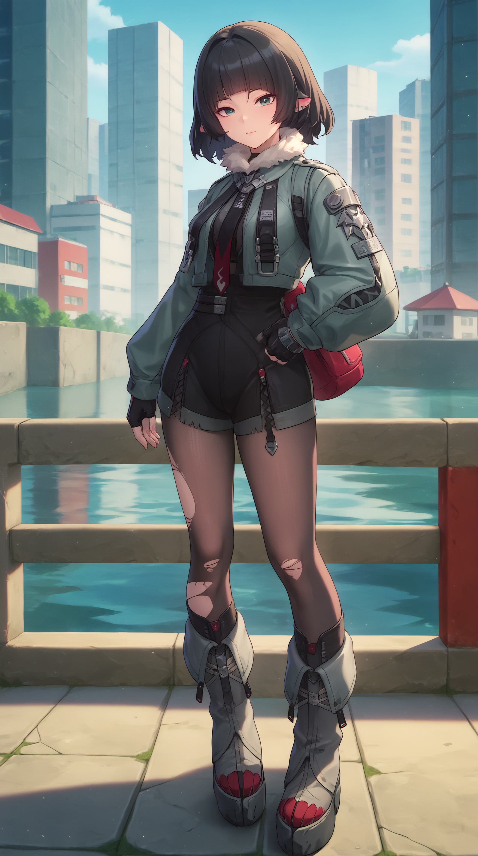 score_9, score_8_up, score_7_up, best background, detailed background, 4k, upscale, anime_source,  Jane Doe, Main Outfit, solo, looking at viewer, closed mouth, standing, full body, outdoors, day, building  <lora:JN_Jane_Doe_Pony:0.8>
