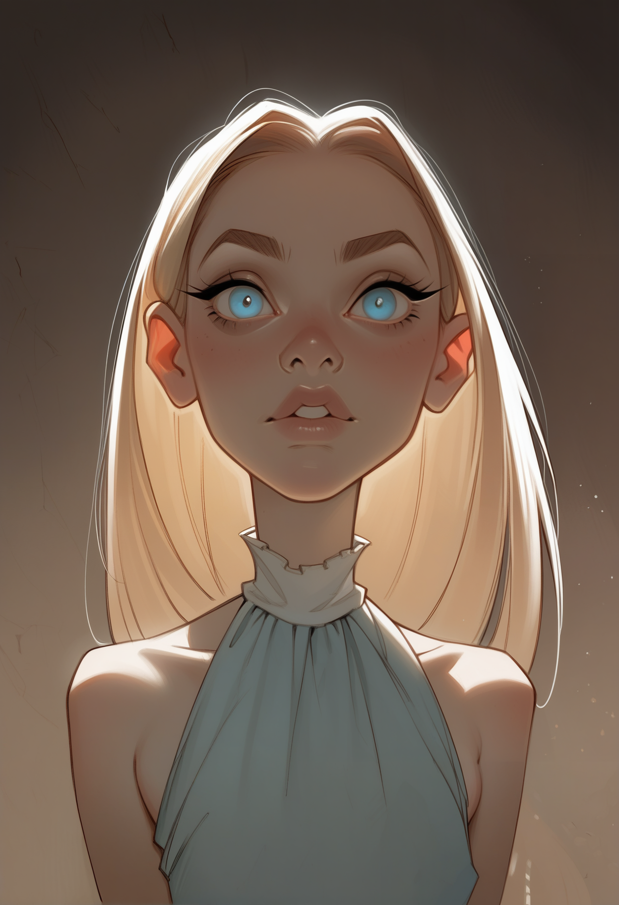 score_9, score_8_up, score_7_up, score_6_up, 1girl, portrait, petite, 25yo, perfect nose, skinny, snub nose, thin almond eyes, bright blue eyes, long straight hair, puffy upper lip, small lower lip, bare shoulders, looking at viewer, dramatic light, spotlight, night, (front view:1.1)