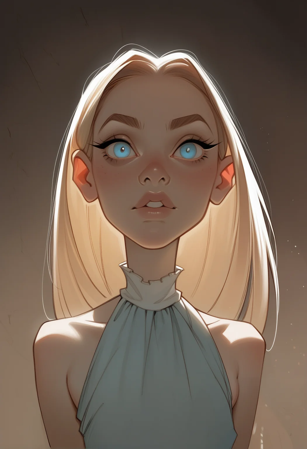 score_9, score_8_up, score_7_up, score_6_up, 1girl, portrait, petite, 25yo, perfect nose, skinny, snub nose, thin almond eyes, bright blue eyes, long straight hair, puffy upper lip, small lower lip, bare shoulders, looking at viewer, dramatic light, spotlight, night, (front view:1.1)