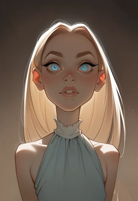 score_9, score_8_up, score_7_up, score_6_up, 1girl, portrait, petite, 25yo, perfect nose, skinny, snub nose, thin almond eyes, bright blue eyes, long straight hair, puffy upper lip, small lower lip, bare shoulders, looking at viewer, dramatic light, spotlight, night, (front view:1.1)