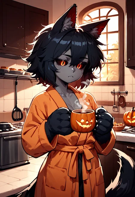 score_9, score_8_up, score_7_up, hellhound, Hellhound, monster girl, black sclera, slit pupils, animal hands, dark skin, grey skin, toned, red eyes, orange eyes, yellow eyes, black fur, short bathrobe, Halloween themed bathrobe, orange and purple bathrobe, tired expression, sleepy looking, sleepy, slightly irritated, in kitchen, kitchen, kitchen of house, holding cup of coffee, holding mug, holding cup, steam off of mug, morning time, sunrise outside window, intricate, intricate lighting, detailed lighting, solo, 1female, one female, halloween time, halloween