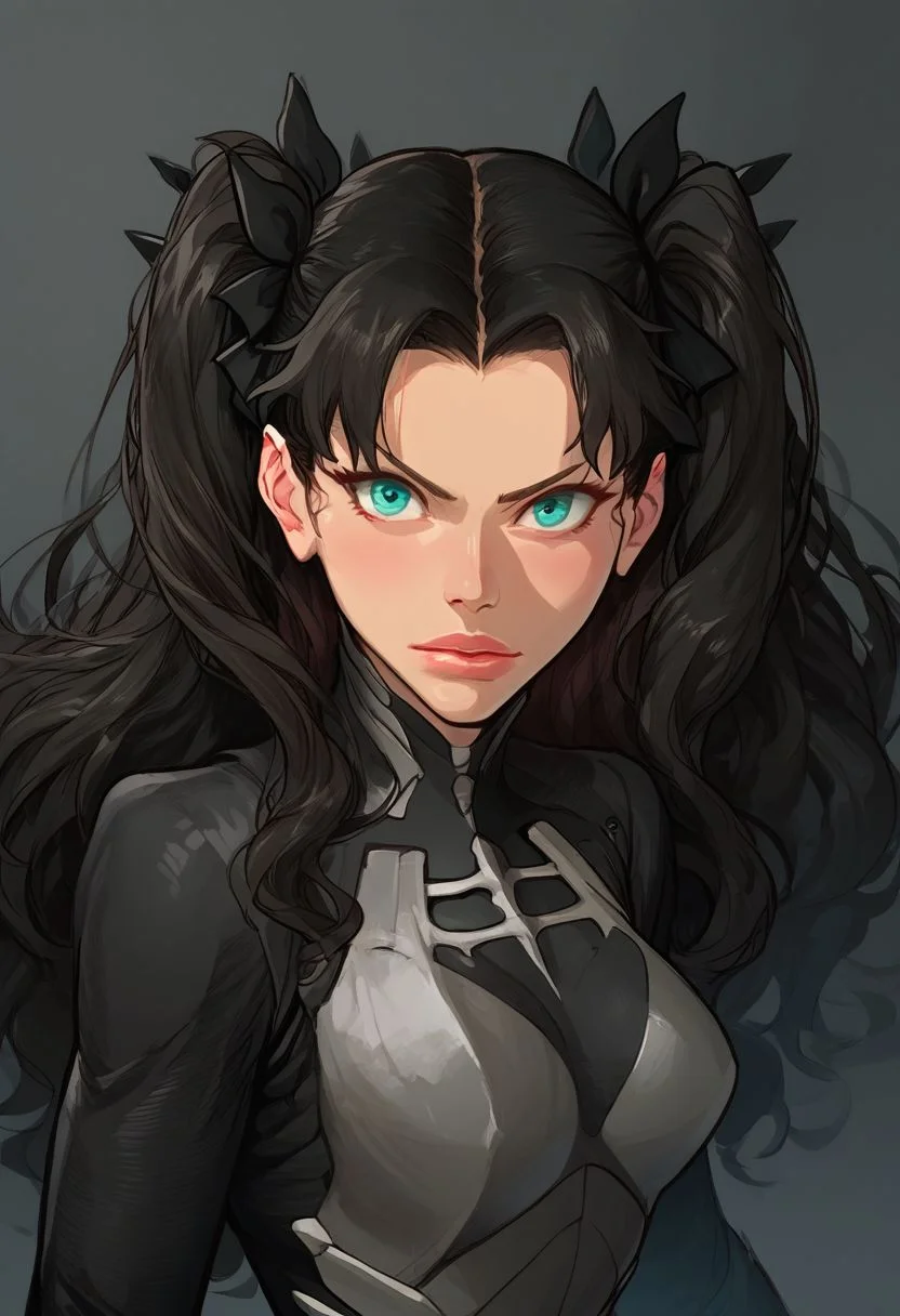 score_9, score_8_up, score_8, rating_explicit,naturalism, hyperrealistic, looking at viewer, masterpiece, solo, upper body focus,score_7_up, close-up,solo, solo, massive girl, tall, supervillain, skitter black bodysuit, armored bodysuit, long wavy hair, fully clothed, dynamic pose, ((rin tohsaka)), aqua eyes, (black hair:1.2), hair ribbon, long hair, ribbon, sidelocks, two side up, parted bangs,