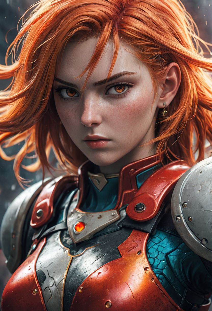 An illustration of a fierce character with fiery hair, in the style of Molecular, [lara croft:(princess peach:1.2):(zelda princess):panam palmer:samus:ciri:(jill valentine)], Al Capp, intense and powerful, photo-enhanced, cyberpunk genre, fiery red