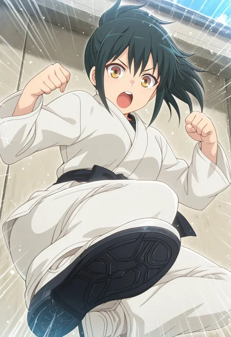 1girl, solo, masterpiece, best quality, newest, absurdres, CG, anime, source anime, illustration, nyalia
BREAK 1girl, solo, Orihara_LW, black hair, ponytail, brown eyes, sidelocks
dougi
dynamic pose, <lora:kamen-rider-kick-illustriousxl-lora-nochekaiser:1>, kamen rider kick, looking at viewer, open mouth, kicking, flying kick, motion lines, motion, hands up, clenched fist,
outdoors, day
cinematic angle, alternate angles, alternate detailed background, beautiful background, (rays light:1.0),(grow:1.0), light particles