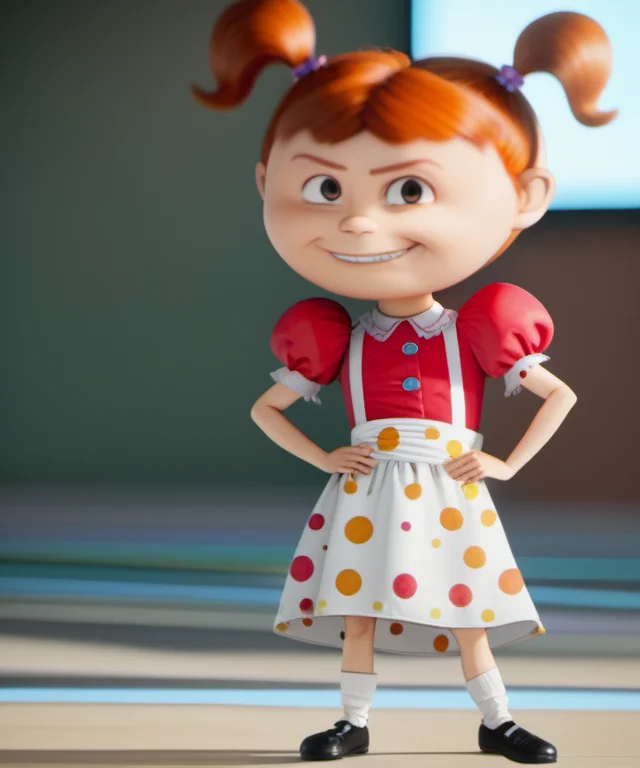 1girl, solo, tinamin2, child, twintails, female child, brown eyes, puffy sleeves, short sleeves, looking at viewer, hand on hip, smirk, standing, skirt, short twintails, hair ornament, red shirt, white socks, polka dot, black shoes, convention, blurry background, <lora:tinamin2-000009:1>, golden ratio,