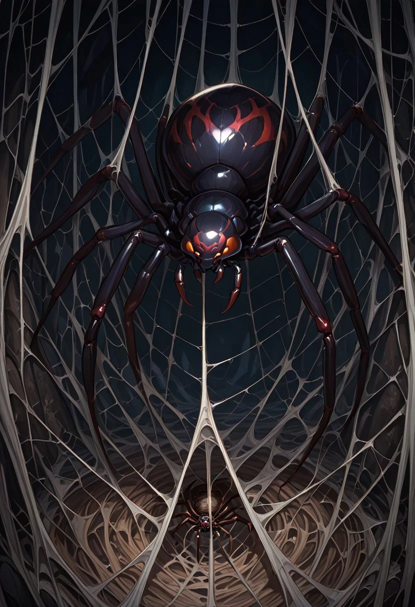 BREAK   dark webbed cave background, cobweb background, suspension, (((very big spiders crawling, giant spiders))) 5 spiders, a lot of spiders, (((spider nest)))
