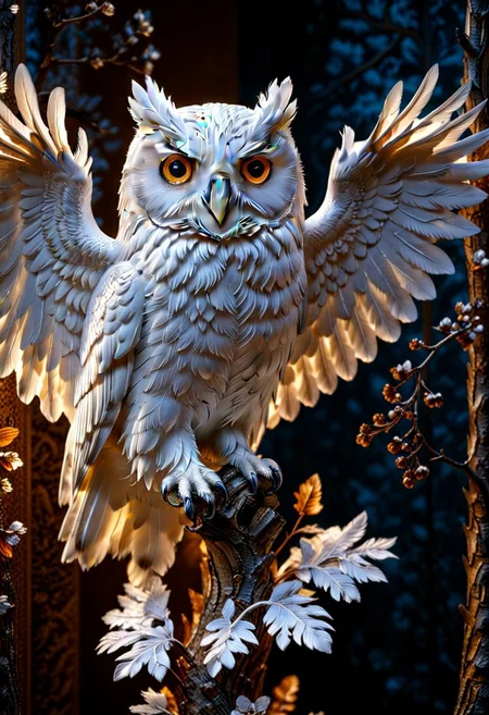A photorealistic image of a majestic owl figure,
crystalstexture skin,(extremely delicate and beautiful), highly detailed, WhiteMold, art style, 3d printed mold, 
intricate details, dramatic composition, contrast, texture, realism, high quality, stunning art, film grain, volumetric lighting, detailed, 
background is cozy room,