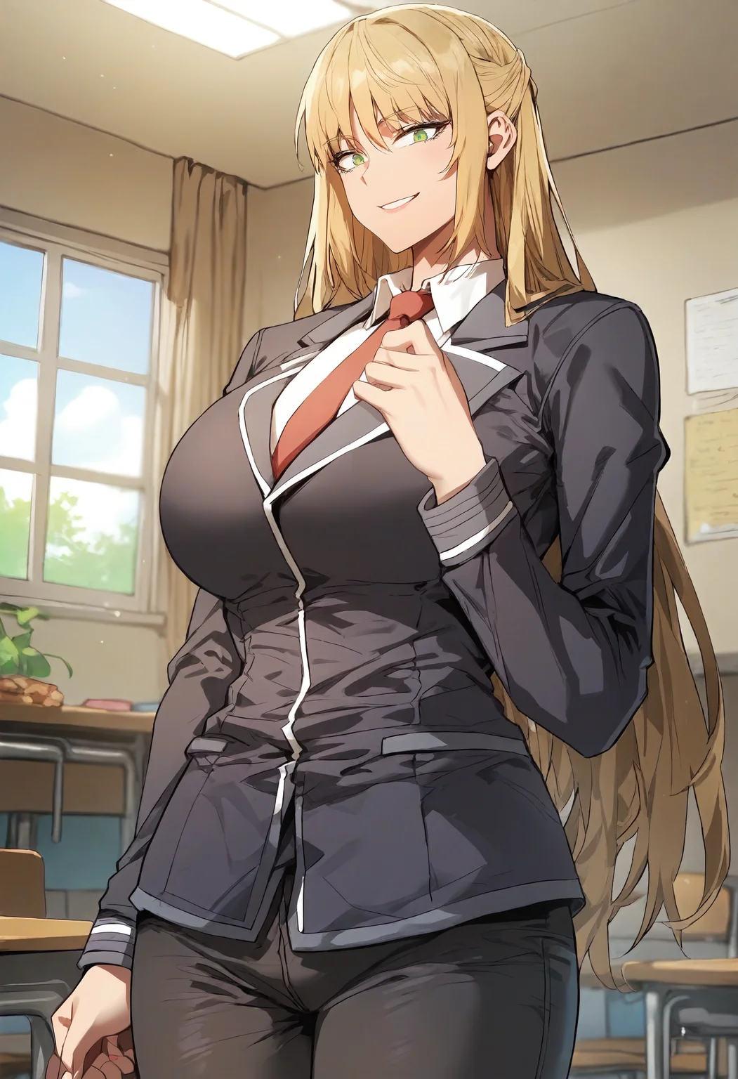 score_9, score_8_up, score_7_up, score_6_up, source_anime, rating_explicit, 1girl, (solo:1.1), huge breasts, <lora:Marya Sen Karabel prefectPonyxl:0.8> long hair, blonde hair, green eyes, school uniform, black jacket, red necktie, white shirt, collared shirt, long sleeves, black pants, smile, room, indoors, looking at viewer, hand up, close-up